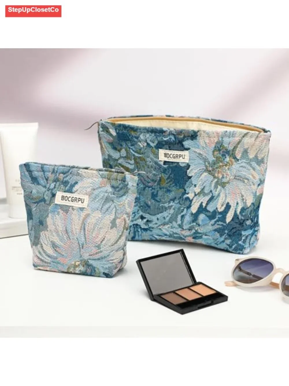 2-Piece Floral Jacquard Cosmetic Bag Set with Zipper, Travel Makeup Pouch